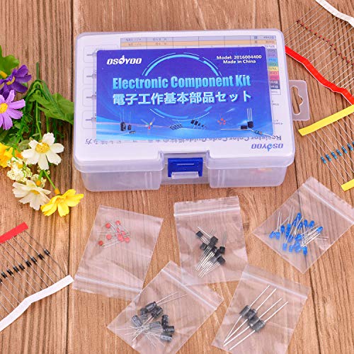 OSOYOO Electronic Component Kit (Total 1390 PCS) - LED Diodes, 30 Values Resistors,Electrolytic Capacitor Package, Ceramic Capacitors, Common Diodes, Common Transistor