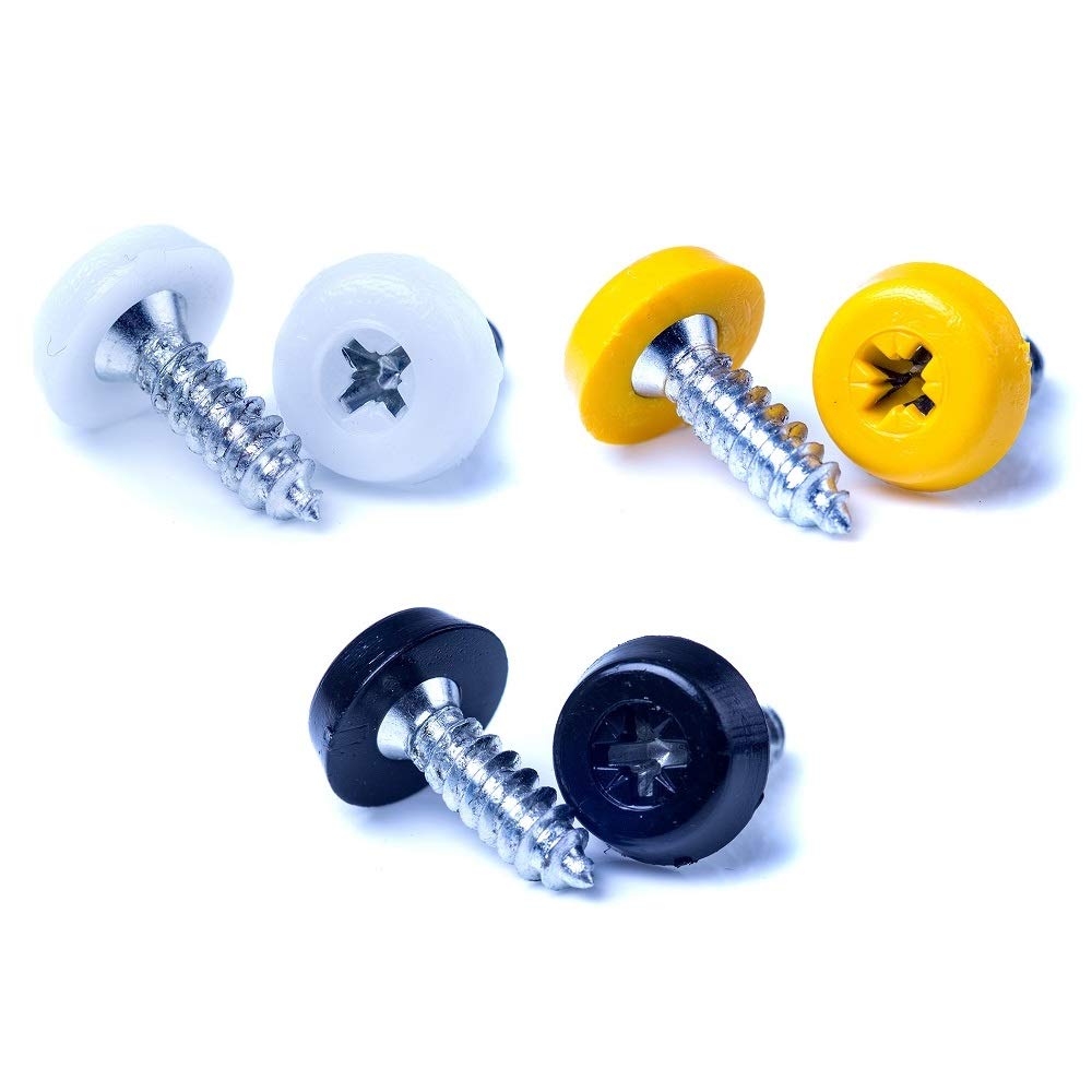 BEK-FIX® Number Plate Oversized Screws Plastic Top - 2 White, 2 Black, 2 Yellow