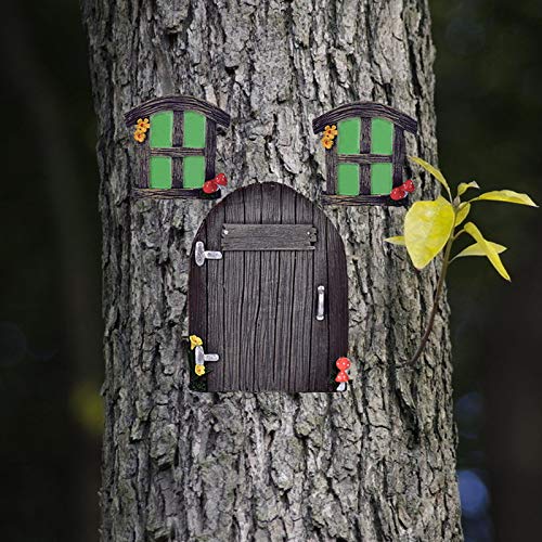 Fairy Door and Window set for Garden Trees, Poly-Resin Fairy Door and Windows Glow In The Dark,Miniature Fairy Gnome Home Window and Door for Trees, Yard Art Garden Sculpture Decoration(B)