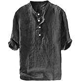 Ryannology Mens Linen Shirts Casual Cotton 3/4 Sleeve Regular-Fit Henley T-Shirt Summer Lightweight Beach Yoga Tops