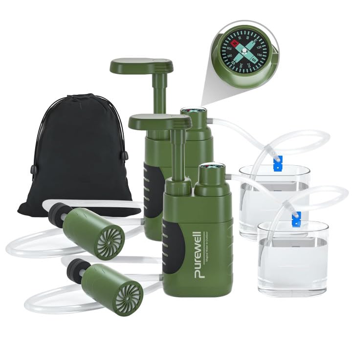 Purewell Water Filter Pump for Camping - Portable Water Purifier with 0.01 Micron Filter, Removes Bacteria - Emergency Survival Water Filtration System for Hiking, Travel & Outdoor Adventures