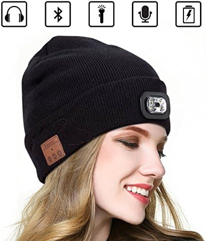 Audoc Bluetooth Beanie Hat with LED Headlight USB Rechargeable Wireless Unisex Musical Cap for Running Skiing Hiking Camping Cycling (Black)