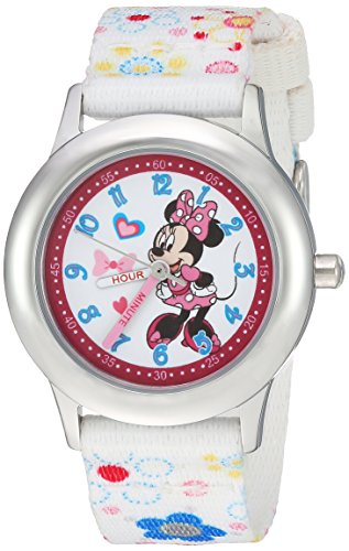 DISNEY Girl's Minnie Mouse' Quartz Stainless Steel and Nylon Casual Watch, Color:White (Model: WDS000163)