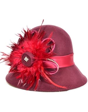 Women Wool Cloche Church Derby Feathers Rhinestone Winter Hat Claret