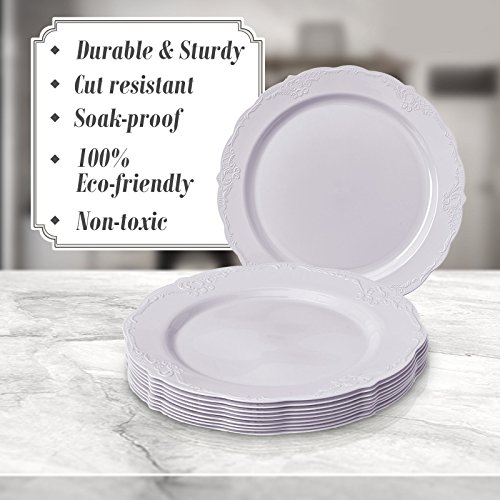 Party Disposable 20 pc Dinnerware Set | 20 Salad Plates | Heavyweight Plastic Dishes | Elegant Fine China Look | for Upscale Wedding and Dining (Vintage Collection – White | 9 Inch