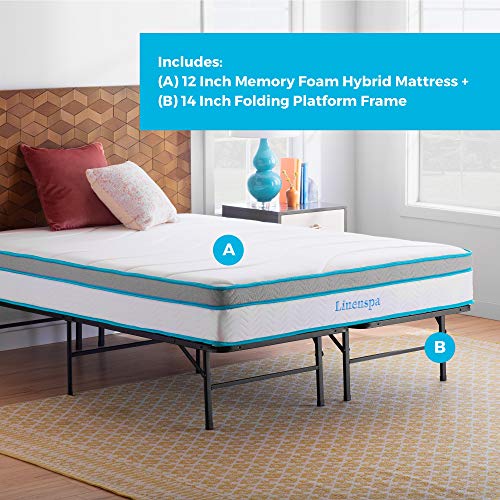Linenspa 12 Inch Gel Memory Foam Hybrid Mattress with Linenspa 14 Inch Folding Platform Bed