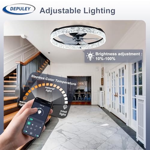 Depuley Ceiling Fans with Lights and Remote Control: 20 Inch Low Profile Ceiling Fan with 6 Speeds - 3000-6500K Dimmable Led Fandelier for Bedroom and Living Room - Black