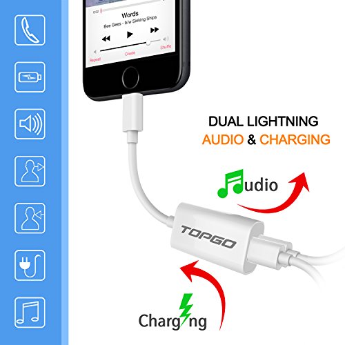 iPhone 7 Splitter & Lightning Splitter iPhone 7 Adapter Dual Lightning Adapter Headphone Jack Audio and Charge Cable Adapter for iPhone 7 / 7 Plus (Support iOS 10.3 and later)TOPGO - White