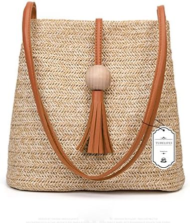 GL-TurelifesTurelifes Straw Bag Hand Weave Beach Handbag Summer Crossbody Shoulder Bags Bucket Tassel Totes for Women (Brown-with tassel)