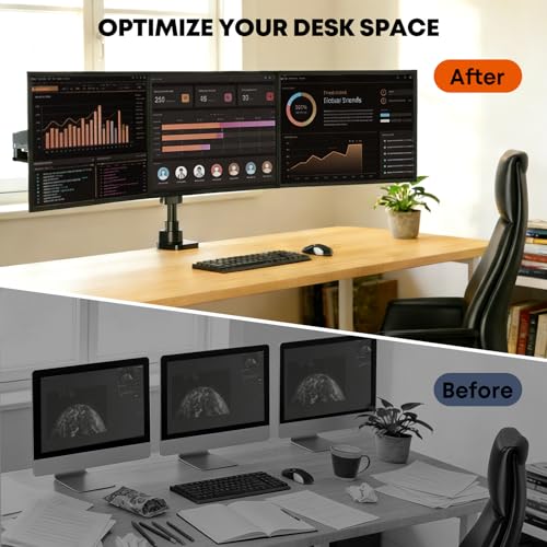 PUTORSEN Monitor Mount 3 Monitors for 17-32 Inch Screens, 10 kg per Arm, Adjustable Monitor Mount 3 Monitors with Heavy Duty Clamp and Feed-Through Mount, VESA 75/100 mm