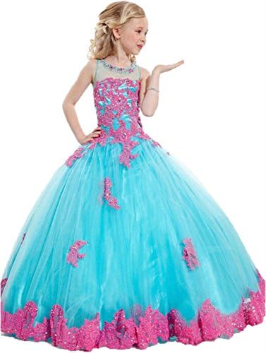 BFB Big Girls' Ball Gown Flower Appliques Wedding Pageant Dresses (10, Blue Pink)