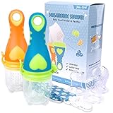Fox and Bird - Baby Fruit Feeder Pacifier (2 Pack) | Baby Food Feeder | Doubles as Teething Toy for Infants and Toddlers | Includes Pacifier Clip and 6 Silicone Pouches (Blue/Orange)