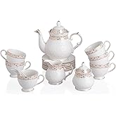 Sweejar 21 Pieces Porcelain Tea Set, Vintage Gold Trimmed Teapot Cup and Saucer Set, Tea Cup for Loose Tea, Sugar Bowl and Creamer Pitcher with Spoons, Service for 6(Classic Gold)