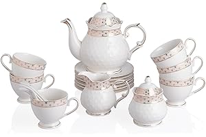 Sweejar 21 Pcs Porcelain Tea Set, Vintage British Floral Relief Gold Rimmed Teapot Cup and Saucer Set, Ceramic Tea Set Servic