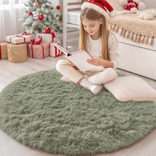 Homaxy Hochflor Waschbar Groß Teppich Wohnzimmer 200 cm Rund, Khakigrün