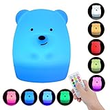 AIRSOFTPEAK Baby Night Light, 9 Colors 4 Modes Remote Control & Tap Control Soft Silicone Rechargeable Colorful Night Lamp for Girl Lady Kid Baby Bedroom Nursery and Gifts, Bear