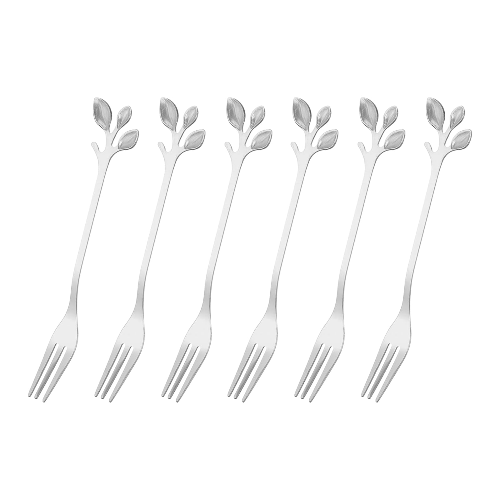 uxcell 6Pcs Stainless Steel Leaf Appetizer Fork 4.8 Inch Tableware Dessert Fork Cocktail Picks Mini Cake Fruit Fork for Home Party, Silver