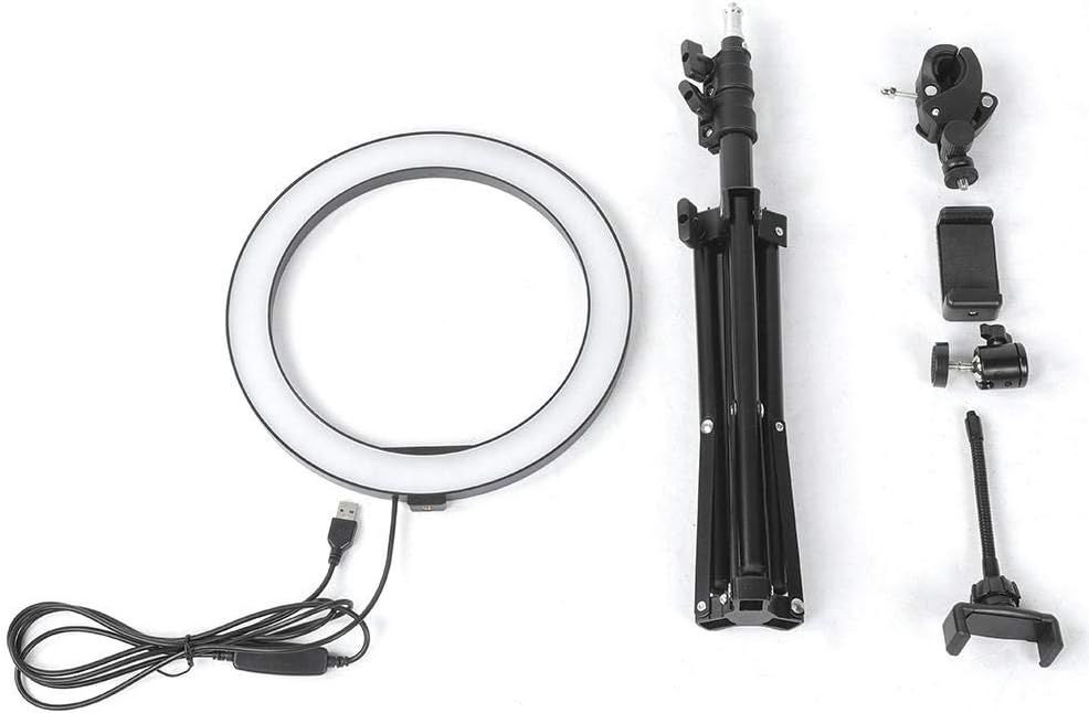 Qiilu 10 Inch LED Light, Dimmable LED Fill Light USB Camera Video Lamp with Tripod Phone Clip Set, default