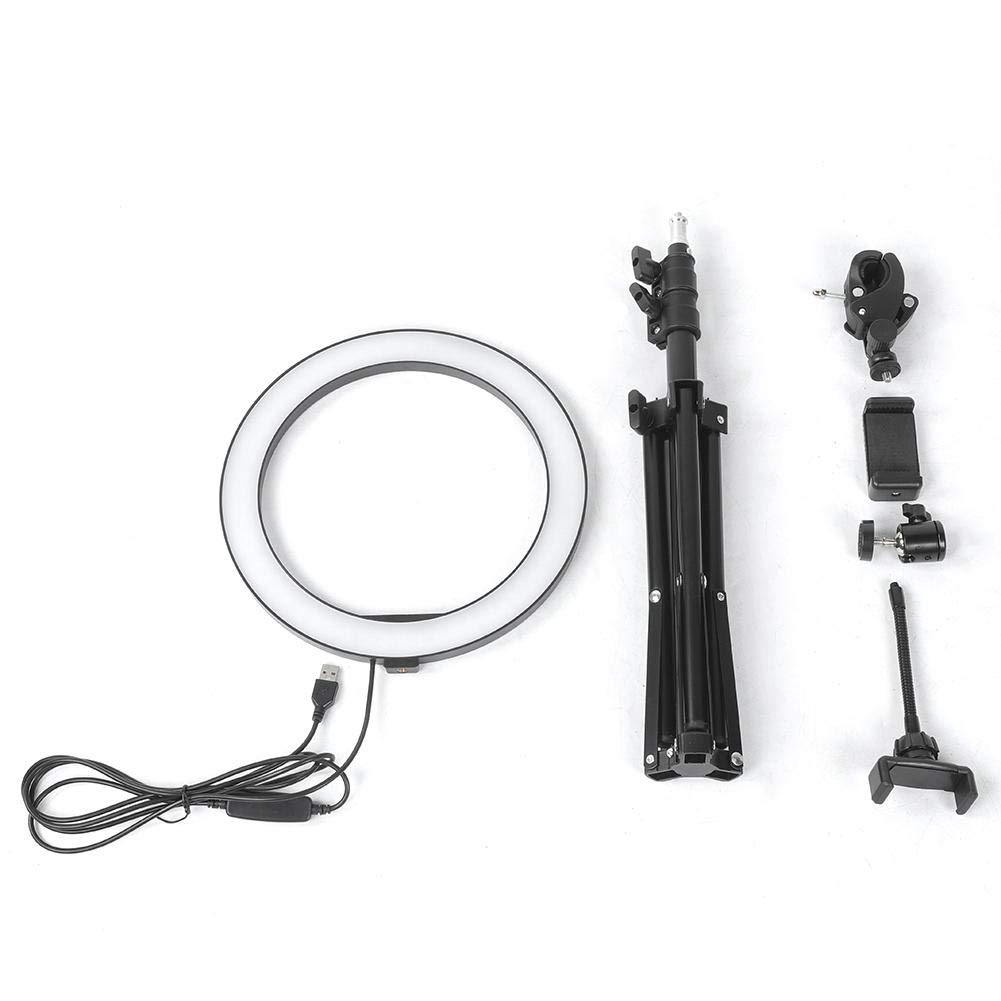 Qiilu 10 Inch LED Light, Dimmable LED Fill Light USB Camera Video Lamp with Tripod Phone Clip Set