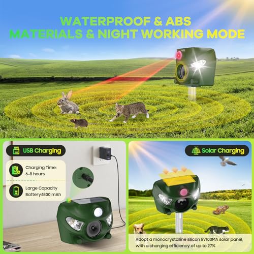 Outdoor Cat Repellent, 5 Modes Ultrasonic Cat Repeller, 26 Feet Solar Outdoor Cat Repellent with Sound Alarm and Flash Lights for Dogs, Deer, Fox, Rabbit, Squirrel, Bird