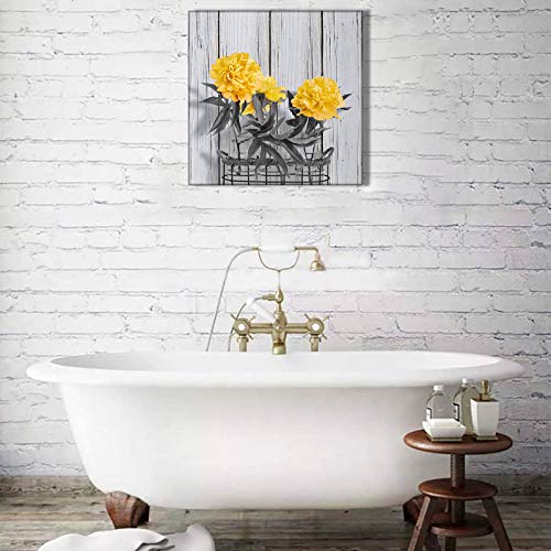 Yellow Flowers Wall Art for Living Room Decoration Three Peonies Blossoming in Glass Bottle Canvas Painting Black White Wooden Floral Prints Framed Beige Decor Picture 12×12 Inches Home Mural Artwork