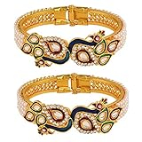 Efulgenz Fashion Jewelry Indian Bollywood 14 K Gold Plated Faux Pearl Kundan Rhinestone Peacock Bracelet Bangle (2 Pc)