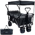 Collapsible Wagon Heavy Duty Folding Wagon Cart with Removable Canopy, 4" Wide Large All Terrain Wheels, Brake, Adjustable Handles,Cooler Bag Utility Carts for Outdoor Beach Cart Garden Wagons Carts