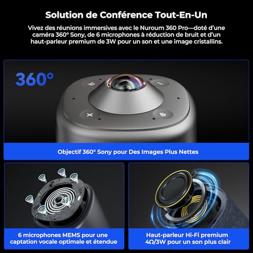 Nuroum 360 Pro Webcam avec Microphone et Haut-Parleur, Caméra de Vidéoconférence Tout-en-Un Grand Angle, 3 Modes IA, Cadrage Automatique,6 Micros Antibruit, USB Plug & Play pour PC/Zoom/Teams,Gris