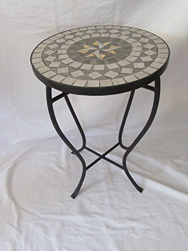 Grey Mosaic Stone Black Iron Outdoor Accent Table 21″H