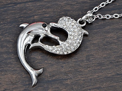 Alilang Twin Dolphin Chain Necklace Pendant Silvery Tone Plated