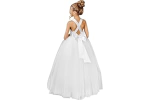 JISISANG Crossed Straps Flower Girl Dress Satin Long Prom Dress with Bow Puffy Tulle Pageant Dresses for Girls