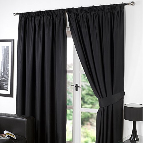 Dreamscene Pencil Pleat Blackout Curtains Set of 2 Thermal Tape Top Heading Panels Ready Made, Black - Width 90" x Drop 54"