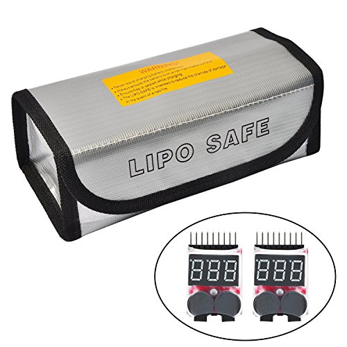 Fireproof Explosionproof Lipo Battery Safe Bag(7.28x3.3x2.5) with 2 Packs of LiPo Voltage Checker + Warning Buzzer