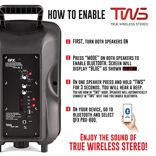 PBX800TWS 8Inch Bluetooth Stereo PA System comes with 2x 8" Speakers and 2x Stands, 2x