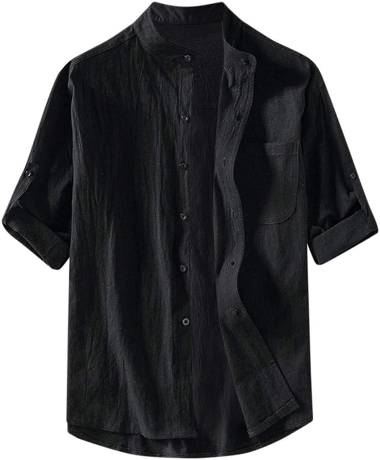 TUDUZ Men Men's Summer Vintage Solid Grandad Collar Short Sleeve Buttons Henley Neck Cotton And Linen Shirt