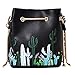 LABANCA Cactus Embroidery Shoulder Bag with Drawstring Chain Mini Bucket Bag PU Leather Crossbody Bag Black for Women Girls