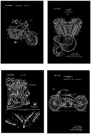 Harley Davidson Gifts Old Harley Motorcycle Patent Drawing Poster Print Chalkboard Style Set of 4 for The Ultimate Fan