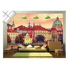 Sunset Roof House Old City Autumn Prague Czech Republic - Removable Wall Mural | Self-Adhesive Large Wallpaper - 66x96 inches