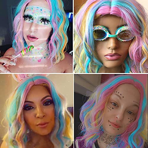 MAGQOO Rainbow Wig Side Part Short Curly Wavy Hair Wigs Synthetic Heat Resistant Cosplay Costume Party Wigs (Rainbow, Women Girls)