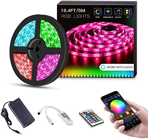 Sanwo WiFi LED Lights Strip Kit, Wireless Remote Controller, 12V Power Adapter, 16.4ft 300LEDS 5050 RGB Waterproof IP65 Strip Light, Rope Lights Fixing Clips, Work with Alexa, iOS and Android