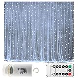 Battery Operated 300 LED Curtain String lights w/ Remote & Timer, Outdoor Curtain Icicle Wall Lights For Wedding Backdrops, Christmas, Holiday, Camping Decoration (9.8&times;9.8ft, Dimmable, Cool White)