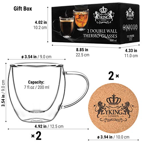 Double Walled Glasses Set of 2 Cups 7 oz- Glass Coffee Cups- Coffee Glass Cups 200ml- Double Wall Tea Mugs- Glass Mugs with Handle- Double Insulated Coffee Mug- Double Wall Coffee Glass Cups- Tea Cups - Thumbnail 3