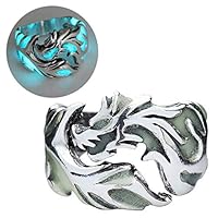 Beinil Dragon Pattern Luminous Ring -- Creative Gothic Punk Retro Embossed Cool Vintage Men Jewelry Decor (Silver+Blue)