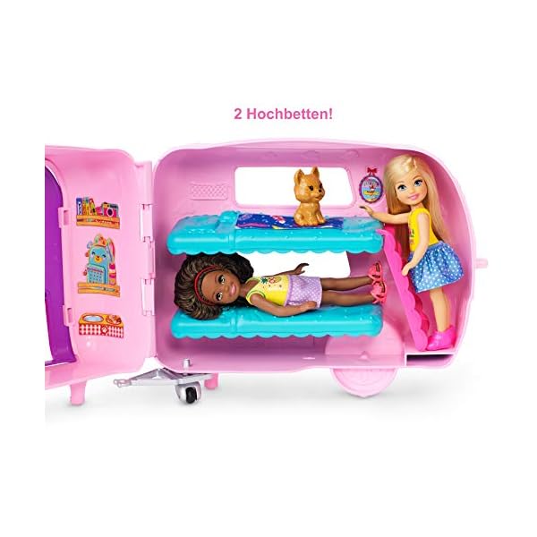 Barbie Chelsea Serie, Chelsea Auto und Camper Set mit 10+ Barbie Camping Accessoires, 1x Chelsea Puppe, Teal Auto und Pink Mini Camper, Geschenke für Kinder ab 3 Jahren,FXG90 – Bild 6