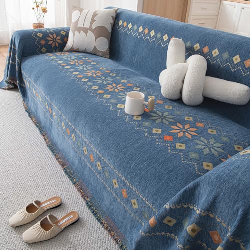 Vclife Boho Couch Cover Blue Geometric Jacquard