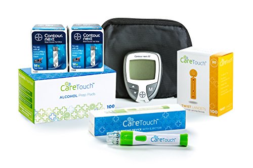 Bayer Contour Next Diabetes Testing Kit â€“ Bayer Contour Next EZ Meter, 100 Bayer Contour Next Test Strips, 100 Alcohol Wipes, Lancets and Lancing Device by Care Touch