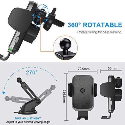 Wireless Car Charger Mount, Auto Clamping 10W/7.5W Qi Fast Charging Car Mount, Windshield Dashboard Air Vent Phone Holder for iPhone Xs/Xs Max/XR/X/ 8/8 Plus, Samsung Galaxy S10 /S10+/S9