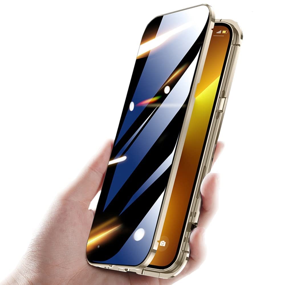 HENGHUI Lockable Anti Peeping Case for iPhone 14 Pro Magnetic Glass Case with Camera Lens Protector Privacy Screen Glass Protector Bumper Case Anti peep Cover with Lock (Gold)