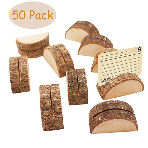 Aimyoo Wooden Card Holders - Rustic Real Wood Table Number Stands Picture Memo Clip Note Photo Clip for Home Party Decoration Wedding Favors (Pack of 50)