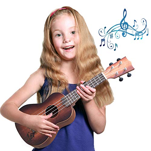 YOLOPLUS+ 21 Inch Wooden Ukulele Guitar Soprano Kid's Toy 4 Strings Musical Instruments Educational Learning with Picks Primary Tutorial Backpack for Toddler Beginner Keep Tone Anti-Impact